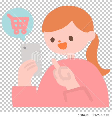 Illustration of a woman shopping on her smartphone Illustration of a woman shopping on her smartphone 142590446