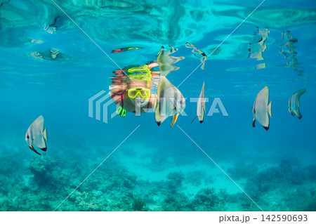Happy family - active woman in snorkeling mask dive underwater, see tropical fishes in coral reef sea pool. Travel adventure, swimming activity and watersports on summer beach vacation with child. Happy family - active woman in snorkeling mask dive underwater, see tropical fishes in coral reef sea pool. Travel adventure, swimming activity and watersports on summer beach vacation with child. 142590693