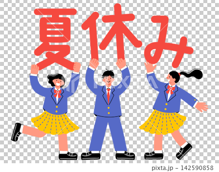An illustration of middle and high school students happily holding up a sign that says "Summer Vacation." An illustration of middle and high school students happily holding up a sign that says "Summer Vacation." 142590858