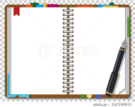 A notebook spread frame template with colorful index tabs and sticky notes. 142590913
