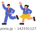 笑顔で手を挙げている女子学生と男子学生のポップでカラフルなイラストセット 142591127