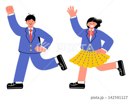 笑顔で手を挙げている女子学生と男子学生のポップでカラフルなイラストセット 142591127