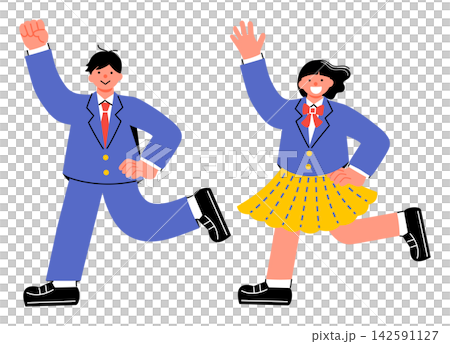 笑顔で手を挙げている女子学生と男子学生のポップでカラフルなイラストセット 142591127