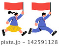 旗を持って走る女子学生と男子学生のポップでカラフルなイラストセット 142591128