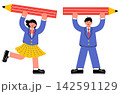 大きな鉛筆を持っている女子学生と男子学生のポップでカラフルなイラストセット 142591129