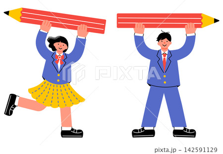 大きな鉛筆を持っている女子学生と男子学生のポップでカラフルなイラストセット 大きな鉛筆を持っている女子学生と男子学生のポップでカラフルなイラストセット 142591129