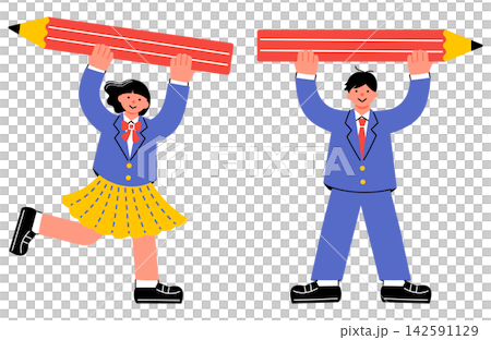 大きな鉛筆を持っている女子学生と男子学生のポップでカラフルなイラストセット 大きな鉛筆を持っている女子学生と男子学生のポップでカラフルなイラストセット 142591129