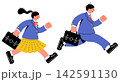 学生鞄を持って元気に走る男子学生と女子学生のポップでカラフルなイラストセット 142591130