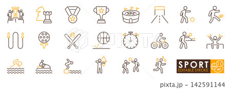 Sports medal and equipment icon set featuring exercise, competition, fitness, and athletic activity symbols in orange and brown Sports medal and equipment icon set featuring exercise, competition, fitness, and athletic activity symbols in orange and brown 142591144