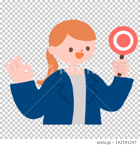 An illustration of a woman in a suit holding a circle (maru) sign. An illustration of a woman in a suit holding a circle (maru) sign. 142591247