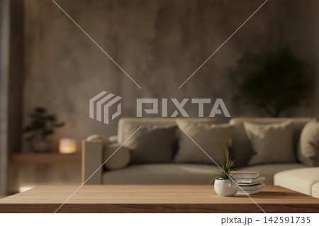 Close up of cozy minimalist living room with wooden sofa table and concrete loft wall in soft light. Close up of cozy minimalist living room with wooden sofa table and concrete loft wall in soft light. 142591735