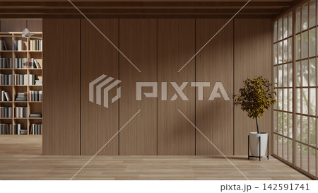 Modern dark wood room interior with built in shelving and grid window in soft lighting. 142591741