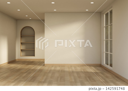 Modern neutral room interior with recessed arch shelf and window on white wall over wooden floor. Modern neutral room interior with recessed arch shelf and window on white wall over wooden floor. 142591748