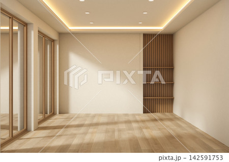 Warm minimalist room interior with wooden accent wall shelves and white wall in warm lighting Warm minimalist room interior with wooden accent wall shelves and white wall in warm lighting 142591753