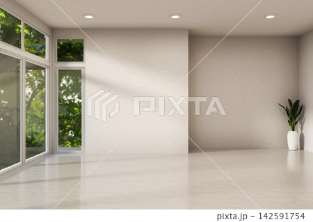 Bright modern room interior with garden view window, white walls and polished marble floor 142591754