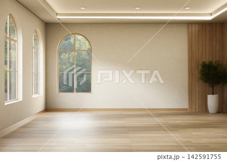 Elegant minimalist room with arched windows and warm wooden floor under recessed ceiling light. Elegant minimalist room with arched windows and warm wooden floor under recessed ceiling light. 142591755