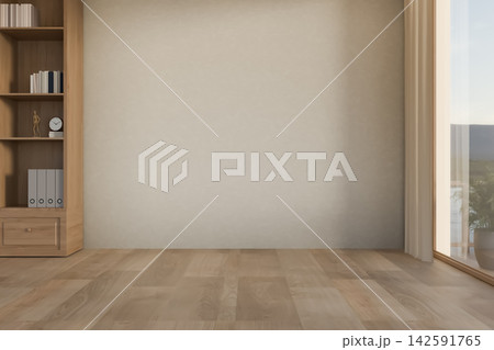 Empty room interior with display shelf on wooden floor, neutral wall and gentle natural illumination 142591765