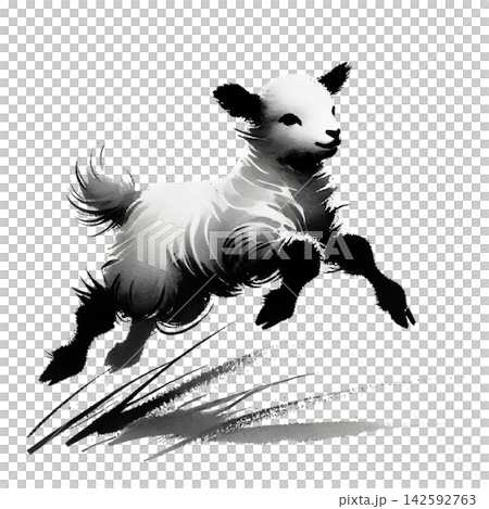 A sumi-e (ink painting) illustration of a running lamb. A sumi-e (ink painting) illustration of a running lamb. 142592763