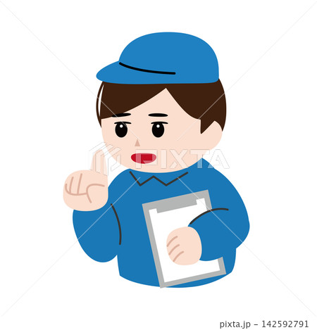 青い作業服でクリップボードを手にアドバイスする検査員のイラスト 青い作業服でクリップボードを手にアドバイスする検査員のイラスト 142592791