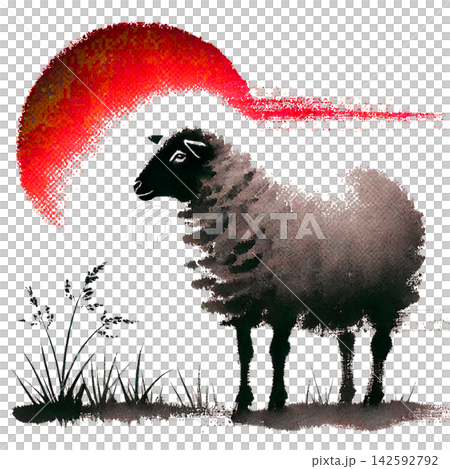 一幅水墨畫,描繪的是一隻站立的綿羊。 一幅水墨畫,描繪的是一隻站立的綿羊。 142592792