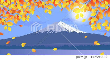 Yellow and orange beech leaves on the backdrop of Mount Fuji. Autumn hornbeam branches. Horizontal vector banner featuring a Japanese landmark. Travel postcard with a view of the lake and mountains. Yellow and orange beech leaves on the backdrop of Mount Fuji. Autumn hornbeam branches. Horizontal vector banner featuring a Japanese landmark. Travel postcard with a view of the lake and mountains. 142593625