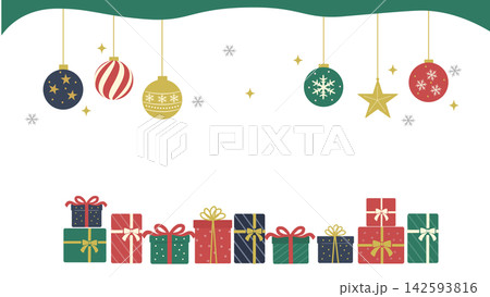 クリスマス バナー 背景 クリスマスオーナメントとプレゼントのイラスト ガーランド クリスマス バナー 背景 クリスマスオーナメントとプレゼントのイラスト ガーランド 142593816