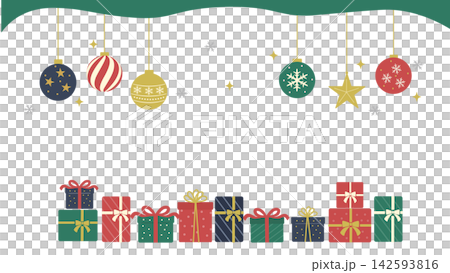 クリスマス バナー 背景 クリスマスオーナメントとプレゼントのイラスト ガーランド クリスマス バナー 背景 クリスマスオーナメントとプレゼントのイラスト ガーランド 142593816