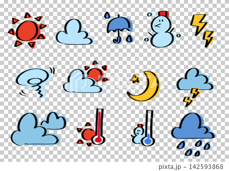 天氣圖示集:太陽、雨傘、雪人、月亮 天氣圖示集:太陽、雨傘、雪人、月亮 142593868