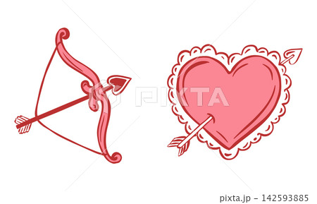 Vector pink heart pierced by Cupid's arrow and a bow. A symbol of love and fidelity. Clipart for Valentine's Day and weddings. Outline drawing. Ink line sketch. Coquette style. 142593885