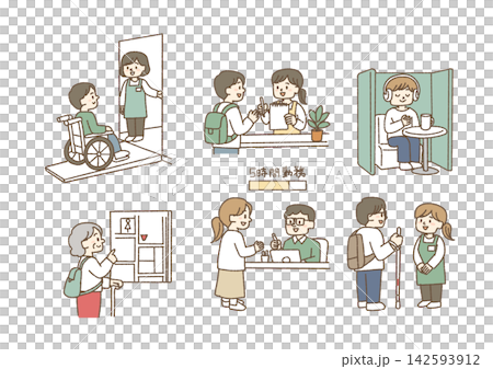 A set of illustrations illustrating reasonable accommodations and various forms of support and customer service for people with disabilities. A set of illustrations illustrating reasonable accommodations and various forms of support and customer service for people with disabilities. 142593912