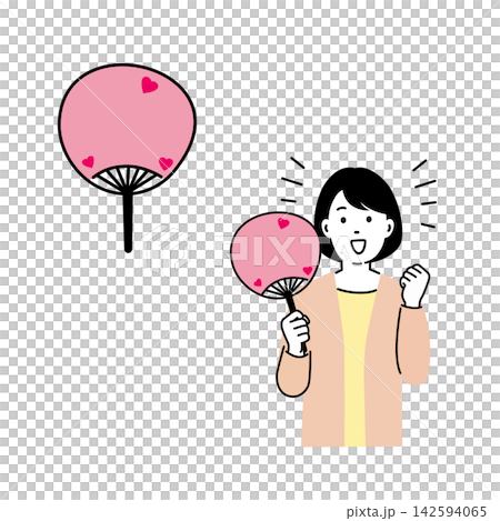 An illustration of a woman holding a fan to cheer on her favorite idol, with text space on the fan. An illustration of a woman holding a fan to cheer on her favorite idol, with text space on the fan. 142594065
