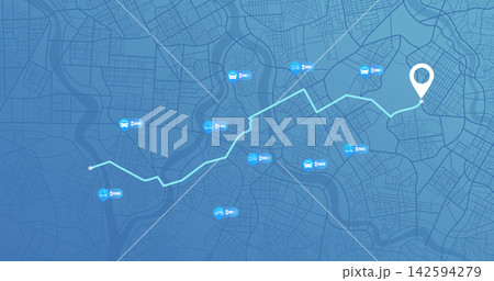 Shared mobility map with vehicle battery levels. Light blue city fleet tracking. Vector illustration. Shared mobility map with vehicle battery levels. Light blue city fleet tracking. Vector illustration. 142594279
