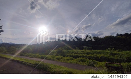 午後の大空に見える輝く太陽とハロと幻日 午後の大空に見える輝く太陽とハロと幻日 142594395