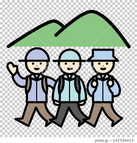 一幅描繪多人進入山中的插圖。 一幅描繪多人進入山中的插圖。 142594413