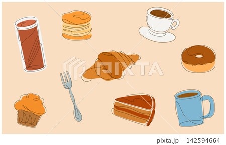 いろいろなパンとコーヒーのイラスト 一筆書き いろいろなパンとコーヒーのイラスト 一筆書き 142594664