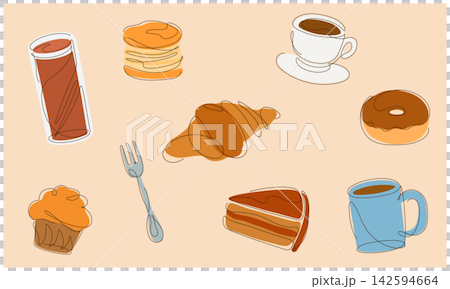 いろいろなパンとコーヒーのイラスト 一筆書き いろいろなパンとコーヒーのイラスト 一筆書き 142594664