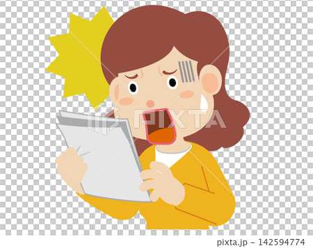Illustration of a woman surprised by an invoice or document (high bill, price increase, household budget management) 142594774
