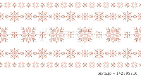 Geometric Christmas cross stitch seamless pattern vector illustration with brown and pink folk snowflake borders, minimal Scandinavian winter holiday embroidery frame on white background 142595210