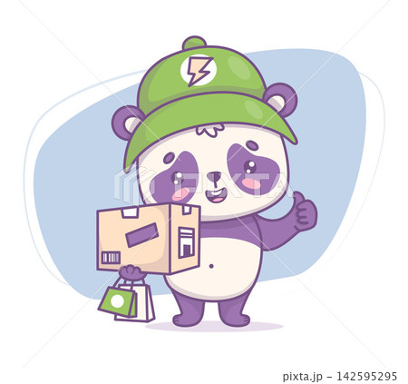 Courier Panda Character Kawaii Holding Parcel Box and Shopping Bags with Thumbs Up. Cute Smiling Delivery Cartoon Mascot Vector Illustration for Ecommerce, Express Shipping and Order Service. Courier Panda Character Kawaii Holding Parcel Box and Shopping Bags with Thumbs Up. Cute Smiling Delivery Cartoon Mascot Vector Illustration for Ecommerce, Express Shipping and Order Service. 142595295