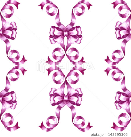 A seamless pattern of pink ribbon bows. A hand painted watercolor illustration. Perfect for textiles, clothing, tablecloths and curtains, wrapping paper, wallpaper, and much more. 142595303