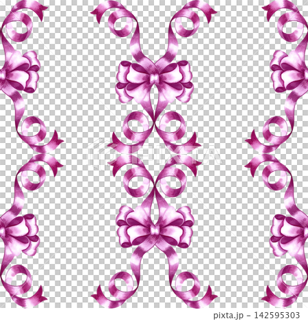 A seamless pattern of pink ribbon bows. A hand painted watercolor illustration. Perfect for textiles, clothing, tablecloths and curtains, wrapping paper, wallpaper, and much more. 142595303
