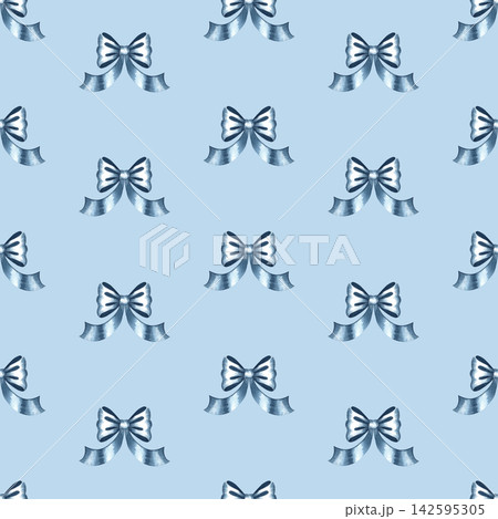 A seamless pattern of blue bows and ribbons. A hand drawn watercolor illustration. On a blue background. Ideal for textiles, tablecloths and curtains, wrapping paper, wallpaper, and much more. 142595305