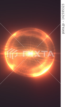 Abstract glowing orange energy sphere with radiant plasma waves and a bright central flare on a dark background. Abstract glowing orange energy sphere with radiant plasma waves and a bright central flare on a dark background. 142595323