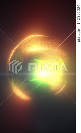 Abstract orange and green particle waves forming a luminous spherical structure with a bright central flare, representing energy, data, and digital technology. 142595324