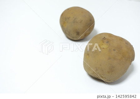 白背景に置いた二個のじゃがいもを横位置で撮影した食品写真・高解像度のストック素材 白背景に置いた二個のじゃがいもを横位置で撮影した食品写真・高解像度のストック素材 142595842