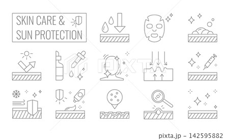 Skin care and sun protection icons set on white Skin care and sun protection icons set on white 142595882
