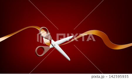 Grand opening banner with gold ribbon and scissors 142595935
