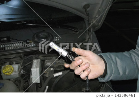 Xenon lamp in hands of an electrician. Replacing xenon lamps. 142596461