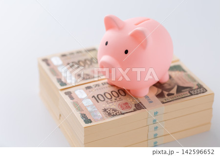 1000万円の札束とピンクの豚の貯金箱 1000万円の札束とピンクの豚の貯金箱 142596652