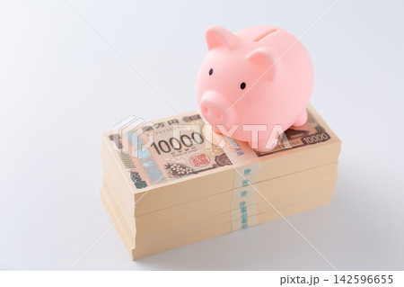 600万円の札束とピンクの豚の貯金箱 600万円の札束とピンクの豚の貯金箱 142596655